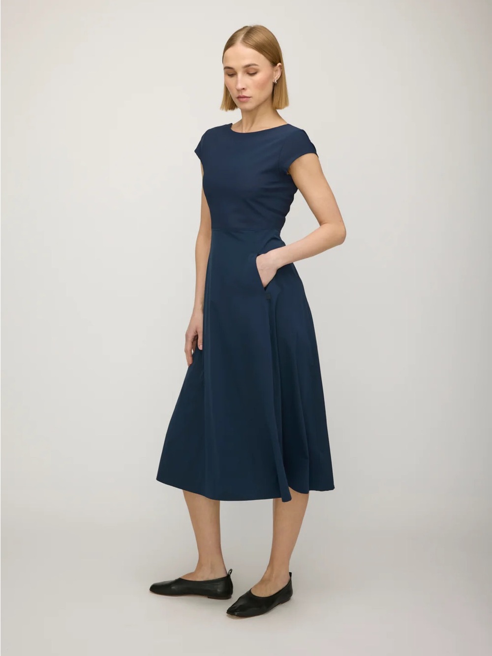 Kit & Ace Ballet Cap-Sleeve Fit & Flare Midi Dress Navy Blue Pockets Size M